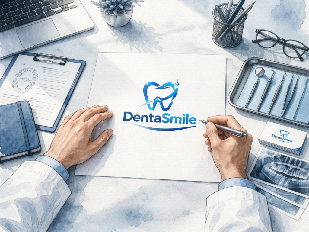 Draufsicht: fertiges DentaSmile Logo auf Zahnarzt-Schreibtisch