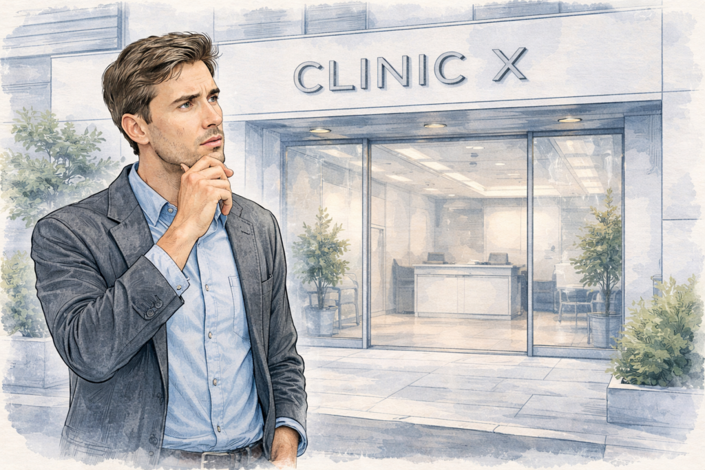 Patient zögert vor unmarkierter Zahnklinik „Clinic X“