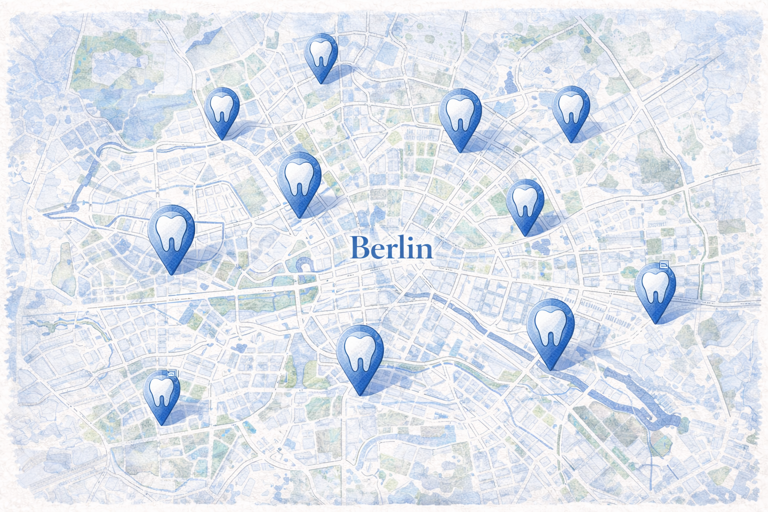 Karte der Stadt Berlin mit mehreren Standort-Pins von Zahnarztpraxen – lokale SEO, Google Maps Sichtbarkeit und Zahnarztmarketing in Berlin.