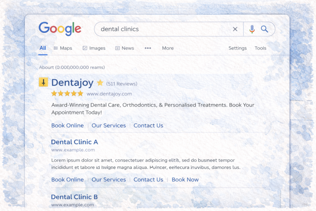 DentaJoy erscheint auf Platz 1 der Google-Suchergebnisse – Suchmaschinenoptimierung, lokale Zahnarzt-SEO und Top-Ranking für Dentalpraxis.