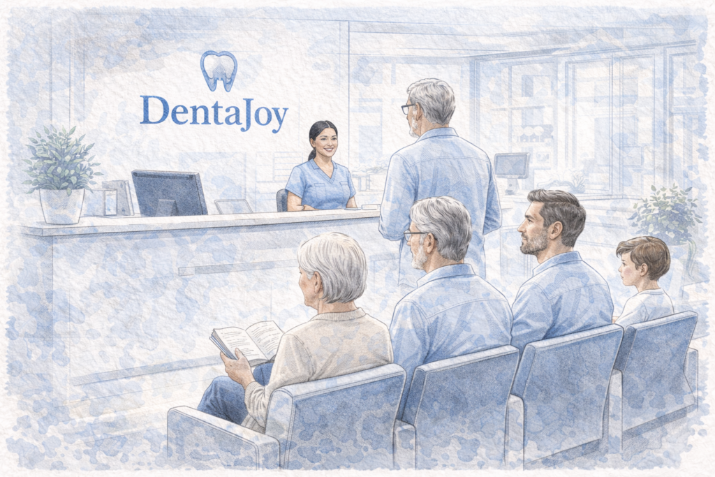 Wartebereich der DentaJoy Zahnarztpraxis mit sitzenden Patienten vor dem Empfang – professionelle Patientenbetreuung, modernes Praxisdesign und vertrauensvolle Zahnarzt-Erfahrung.