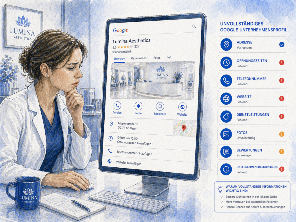 Google My Business Profil einer ästhetischen Klinik mit fehlenden Informationen, unvollständigen Daten und Optimierungspotenzial für lokales SEO