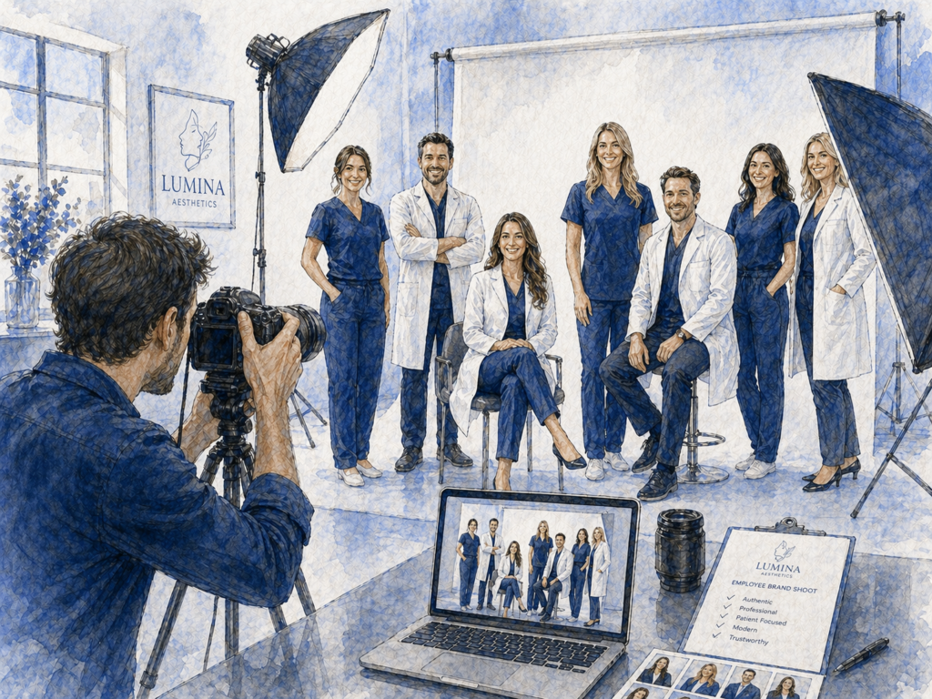 Professionelles Team-Fotoshooting einer ästhetischen Klinik im Studio zur Stärkung der Markenidentität und Vertrauensbildung bei Patienten