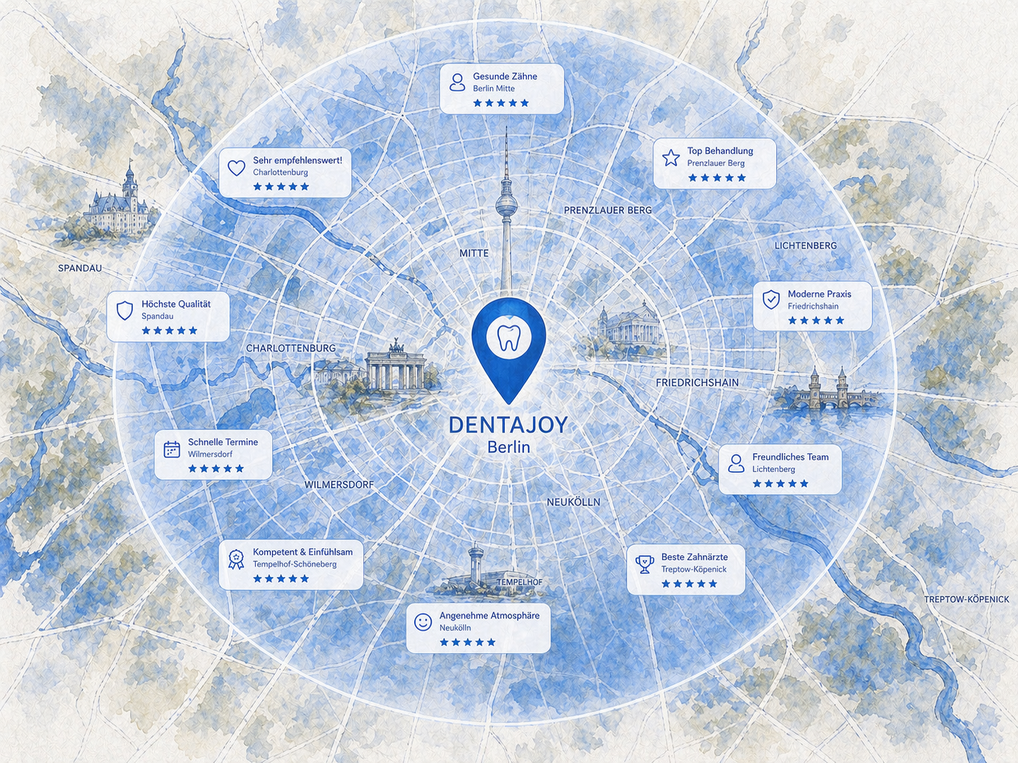 Standort-Pin der erfolgreichen Zahnarztpraxis DentaJoy in Berlin auf der Karte mit visualisierter Online-Sichtbarkeit und Reichweite im gesamten Stadtgebiet