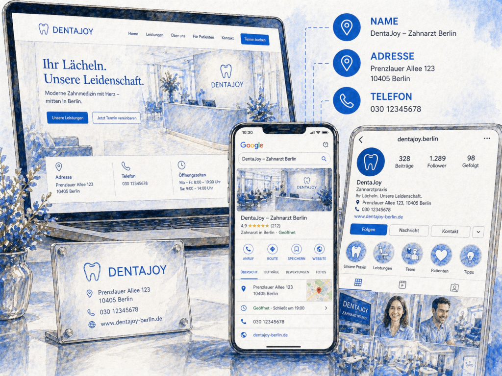 Konsistente NAP-Daten (Name, Adresse, Telefonnummer) von DentaJoy auf Google My Business, Website und Social Media zur Verbesserung von lokalem SEO