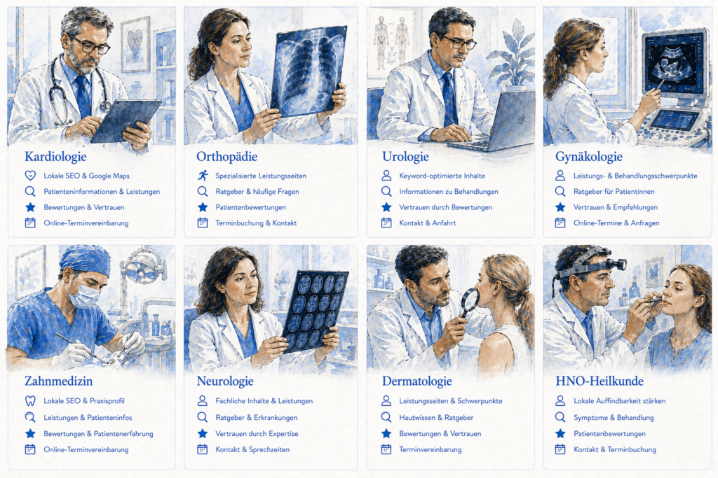Suchmaschinenoptimierung (SEO) für verschiedene medizinische Fachrichtungen zur Steigerung der Online-Sichtbarkeit und Gewinnung neuer Patienten