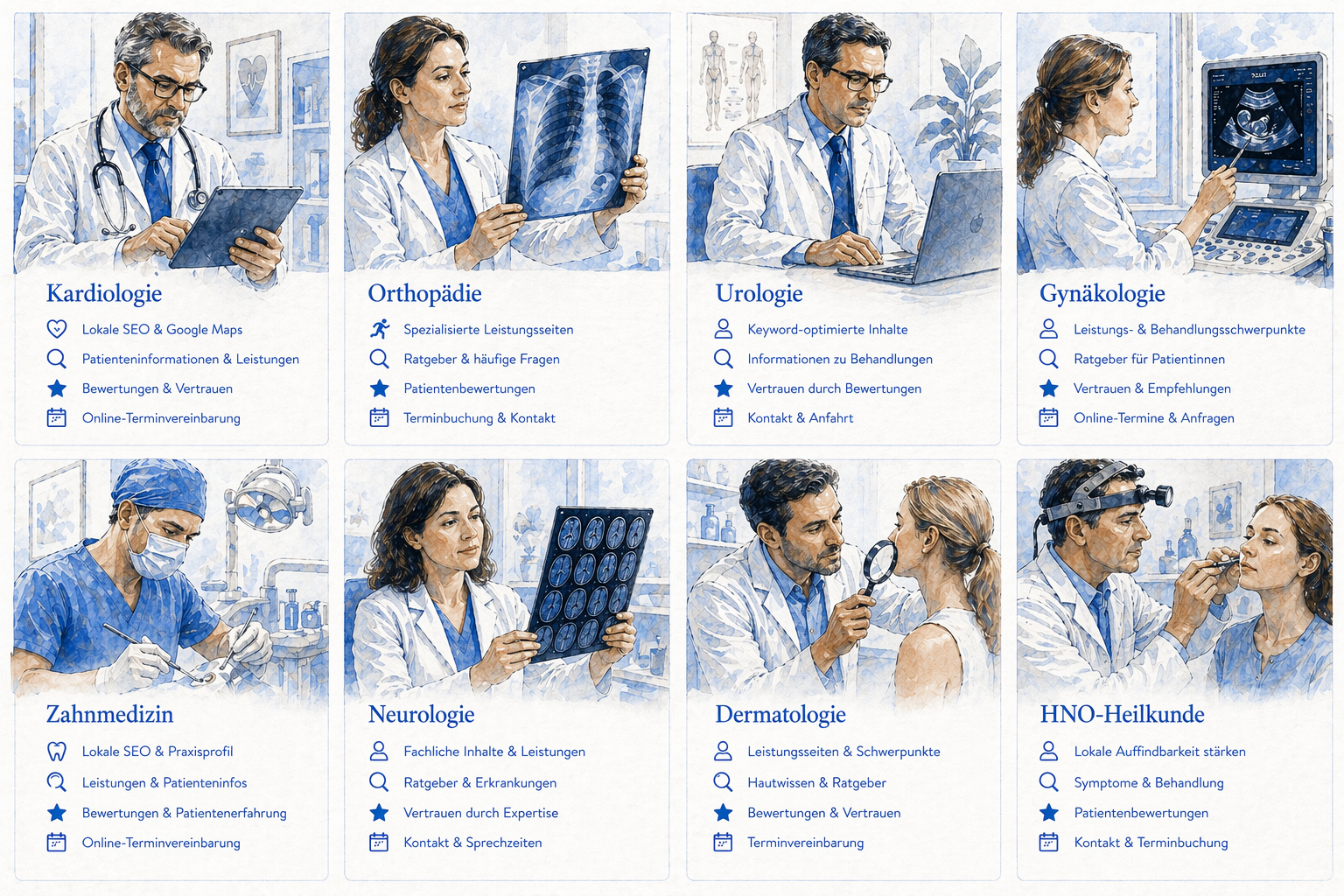 Suchmaschinenoptimierung (SEO) für verschiedene medizinische Fachrichtungen zur Steigerung der Online-Sichtbarkeit und Gewinnung neuer Patienten