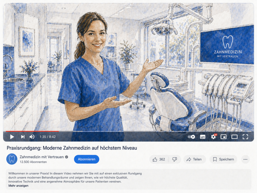 YouTube-Video einer erfolgreichen Zahnärztin, die einen Rundgang durch ihren modernen Behandlungs- und OP-Raum gibt zur Präsentation der Praxisqualität