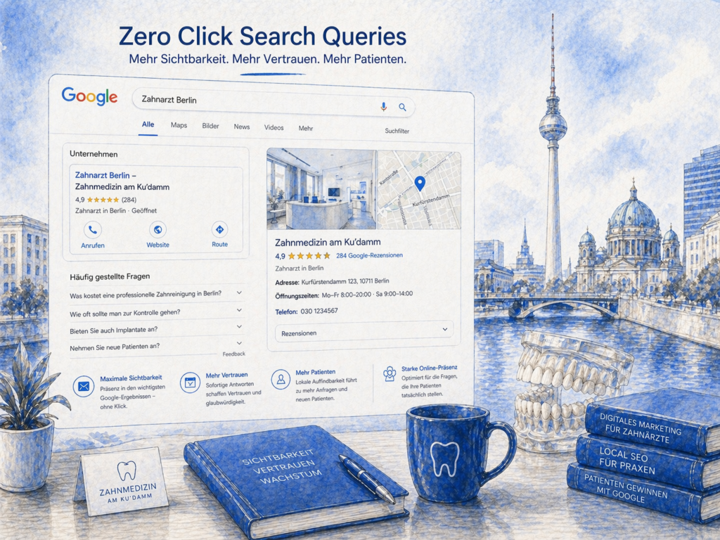 Zero-Click-Suchergebnisse für eine Zahnarztpraxis in Berlin mit sofort sichtbaren Informationen wie Öffnungszeiten, Bewertungen und Kontaktmöglichkeiten in der Google-Suche“