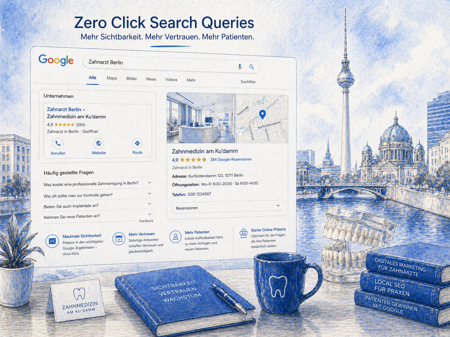 Zero-Click-Suchergebnisse für eine Zahnarztpraxis in Berlin mit sofort sichtbaren Informationen wie Öffnungszeiten, Bewertungen und Kontaktmöglichkeiten in der Google-Suche“