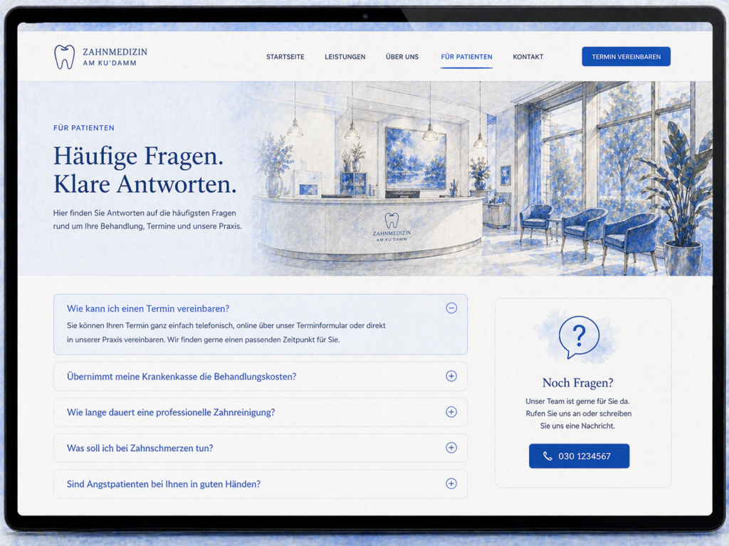 FAQ-Bereich einer Zahnarztpraxis-Website mit häufig gestellten Fragen zu Behandlungen, Kosten und Terminvereinbarung zur Verbesserung der Nutzererfahrung und SEO