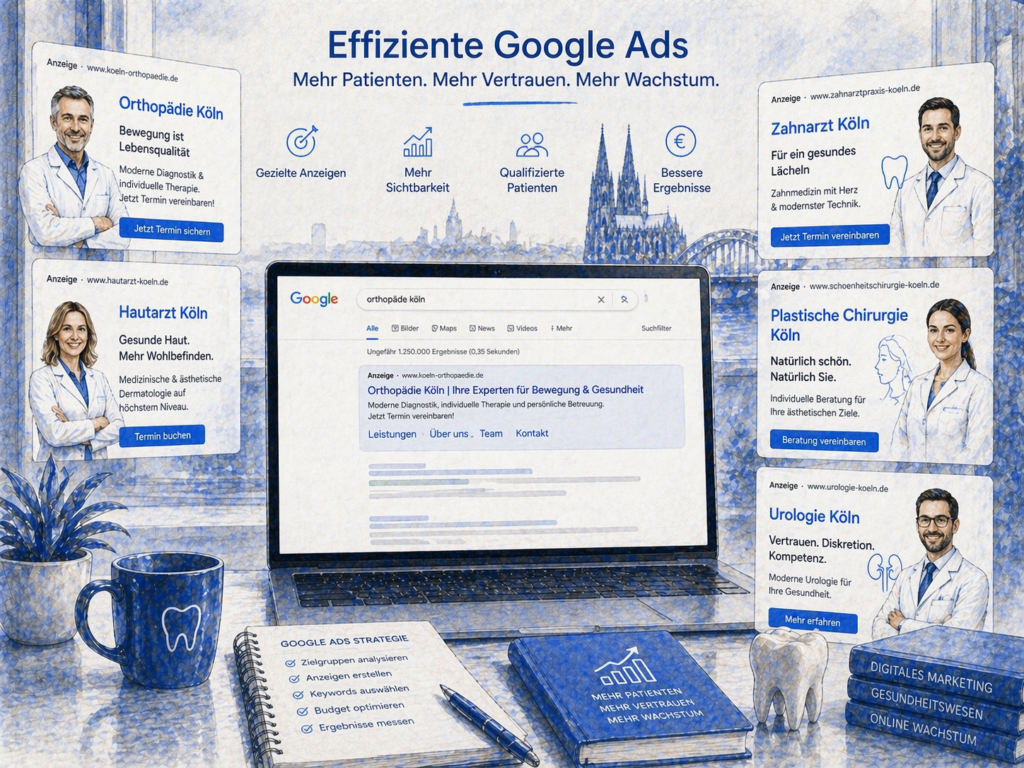 Effektive Google Ads Beispiele für verschiedene Fachärzte zur Patientengewinnung, mit optimierten Anzeigen und gezieltem Online-Marketing im Gesundheitsbereich