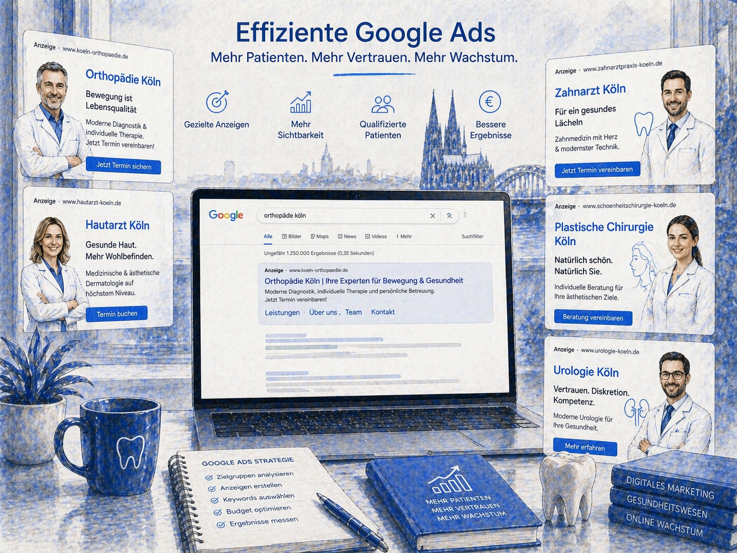 Effektive Google Ads Beispiele für verschiedene Fachärzte zur Patientengewinnung, mit optimierten Anzeigen und gezieltem Online-Marketing im Gesundheitsbereich