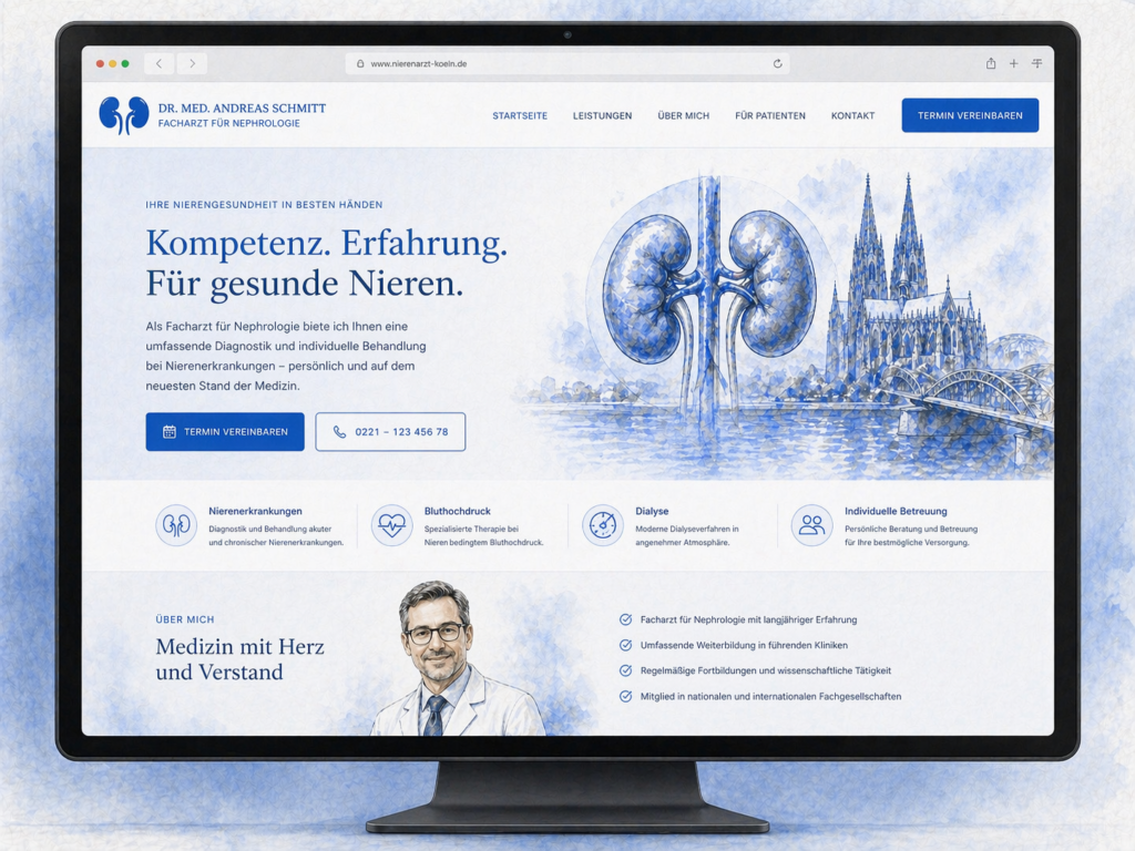 SEO-optimierte Landingpage eines Nierenarztes auf einem Computerbildschirm mit klarer Struktur, schneller Ladezeit und Conversion-fokussiertem Design