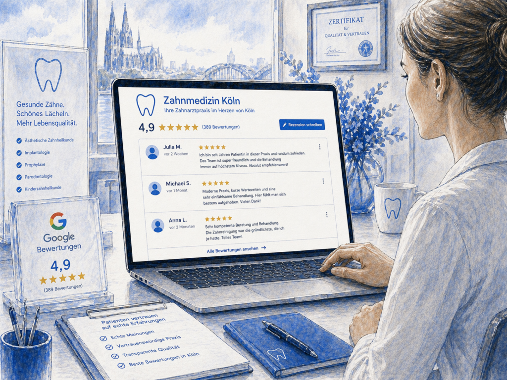 Google Reviews Bereich einer Zahnarztpraxis in Köln mit positiven Bewertungen, Sternenrating und Kundenfeedback zur Vertrauensbildung