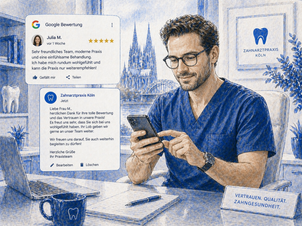 Ärztin beantwortet aktiv eine Google Bewertung ihrer Zahnarztpraxis in Köln zur Verbesserung der Online-Reputation und Patientenbindung