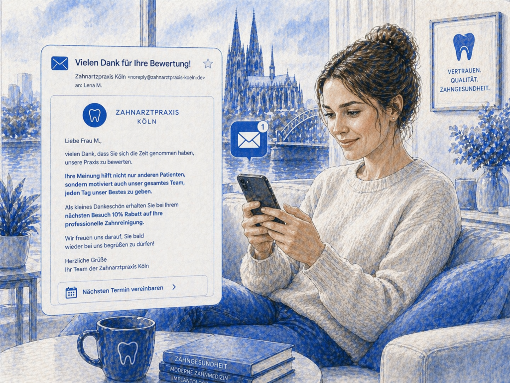 Patient erhält automatisierte E-Mail nach Abgabe einer Google Bewertung für eine Zahnarztpraxis zur Förderung von Feedback und Kundenkommunikation