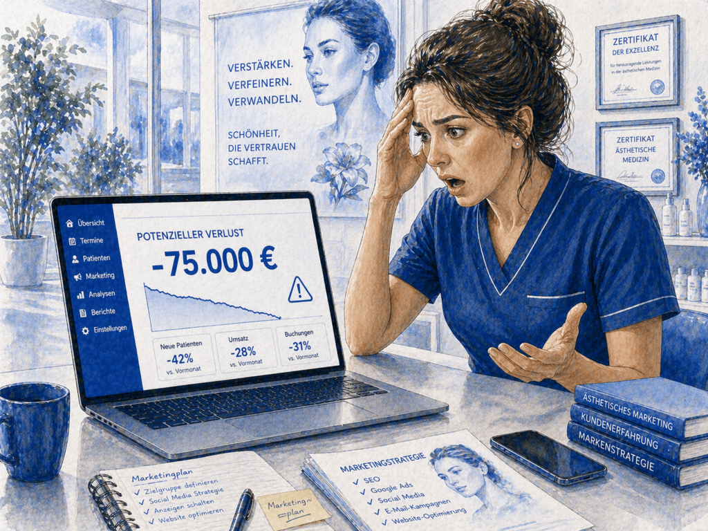 Geschockte Kosmetikerin erfährt von potenziellem Umsatzverlust von 75.000 Euro in ihrer ästhetischen Klinik durch mangelnde Online-Optimierung