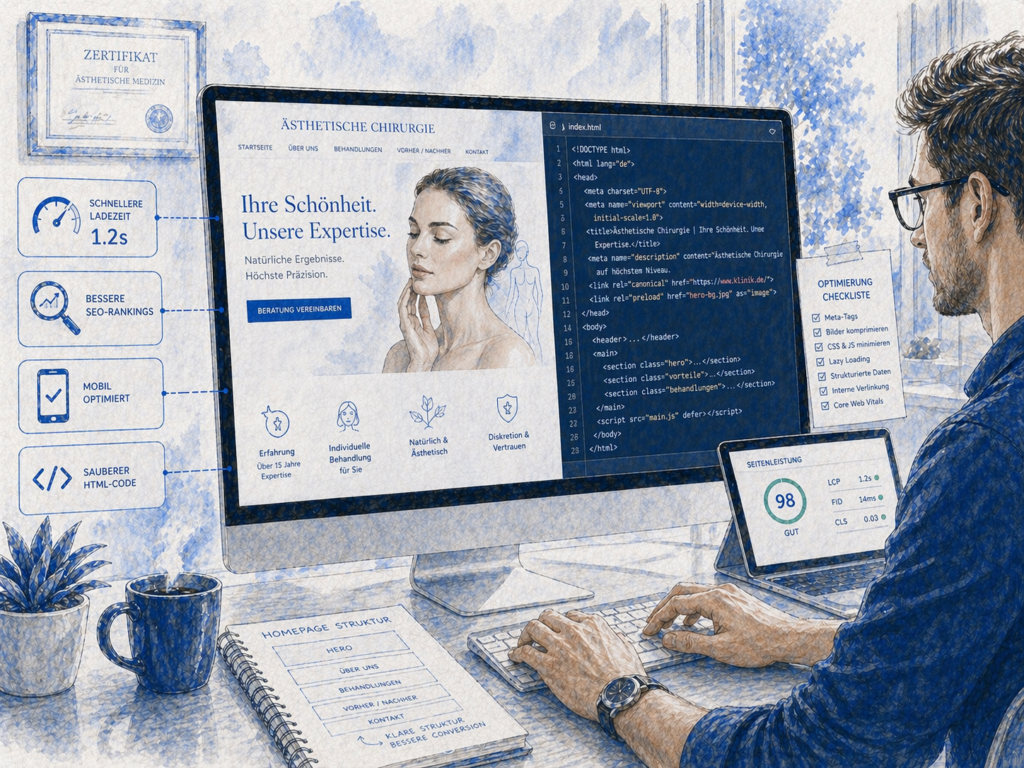 Optimierung des HTML-Codes einer Website für plastische Chirurgie zur Verbesserung von Ladezeit, SEO und Benutzerfreundlichkeit
