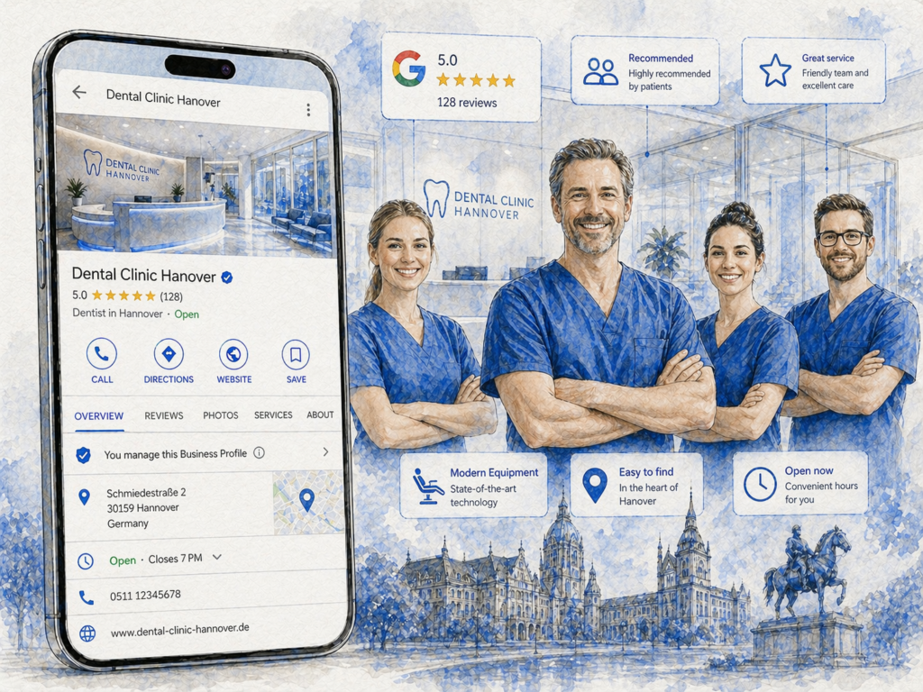 Optimiertes Google Business Profile einer modernen Zahnarztpraxis in Hannover mit vollständigen Informationen, Bewertungen und professionellem Online-Auftritt
