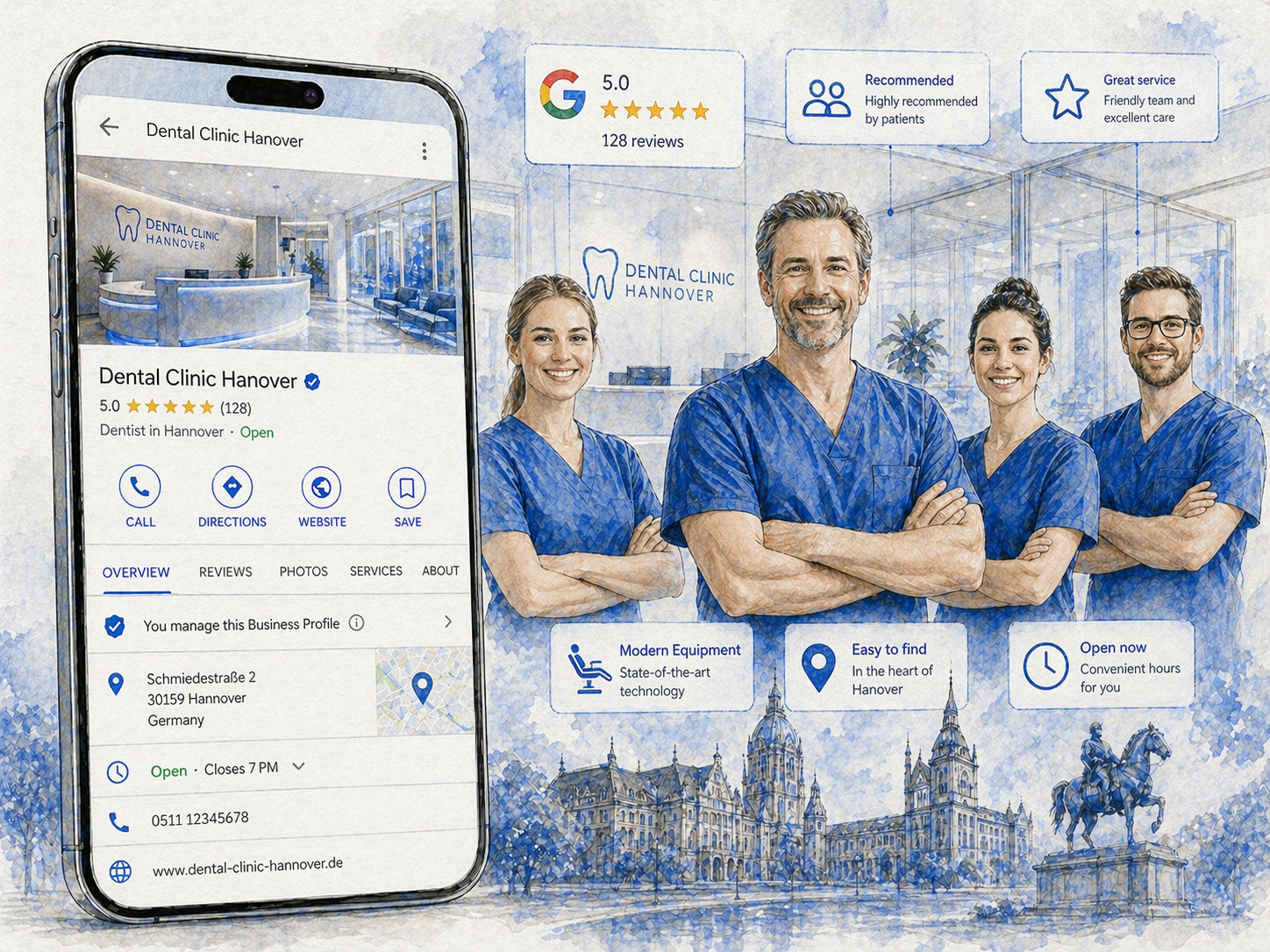 Optimiertes Google Business Profile einer modernen Zahnarztpraxis in Hannover mit vollständigen Informationen, Bewertungen und professionellem Online-Auftritt