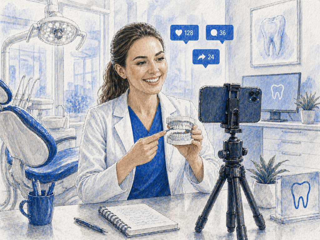 Zahnärztin in Hannover erstellt mit dem Smartphone neue Social-Media-Inhalte für ihre Praxis, um Patienten online anzusprechen und Vertrauen aufzubauen