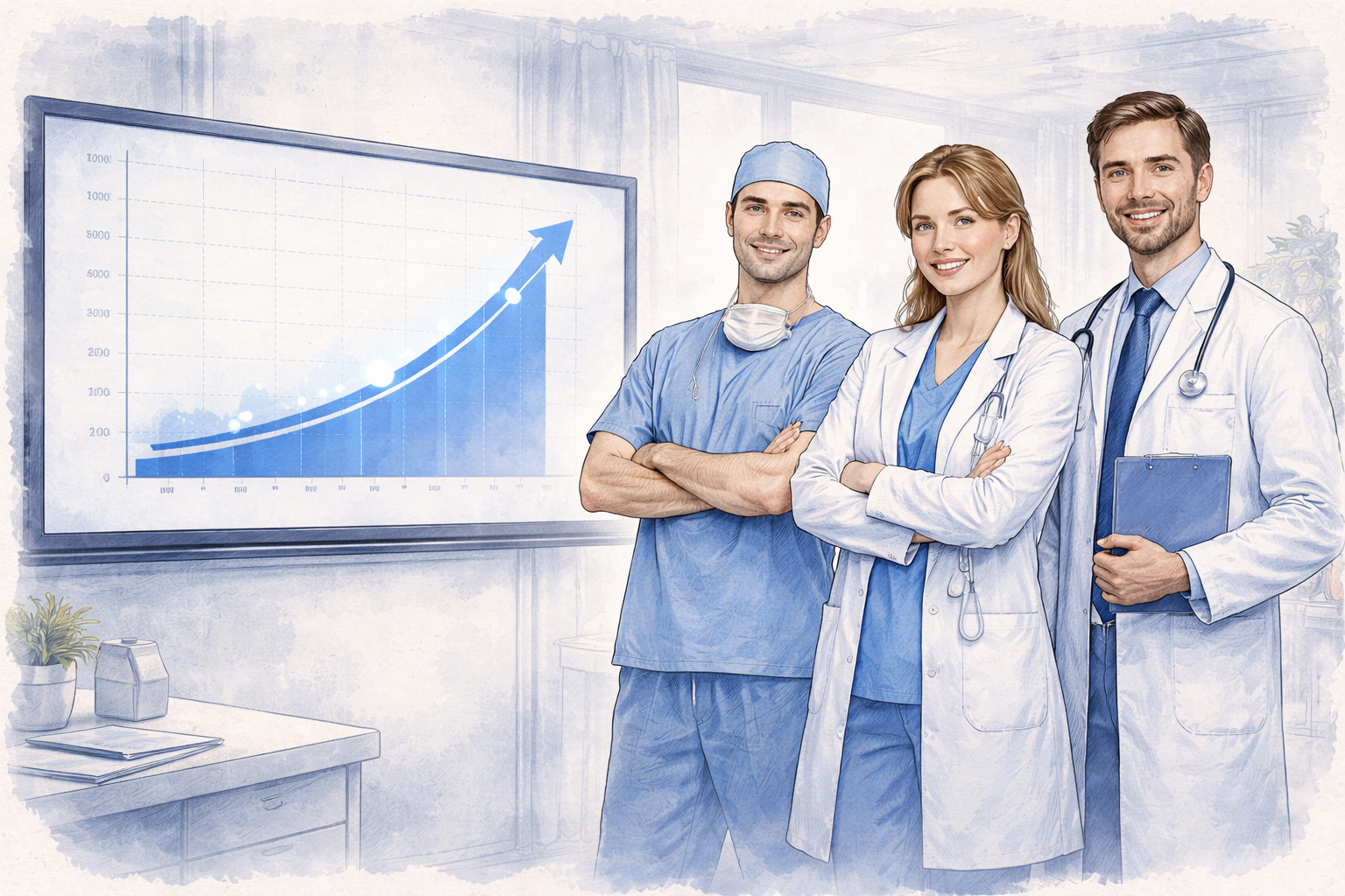 Drei medizinische Fachkräfte – Chirurg, Zahnarzt und Arzt – stehen rechts, während links ein großes Diagramm mit anfänglich stagnierendem und anschließend stark ansteigendem Wachstum die Entwicklung im Gesundheitsmarketing visualisiert.