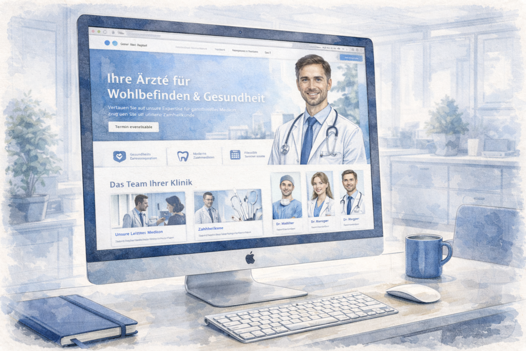 Computerbildschirm zeigt eine moderne, deutschsprachige Website eines Arztes mit umfassender Landingpage, Informationen zu Leistungen, Online-Terminbuchung und Patientenservice.