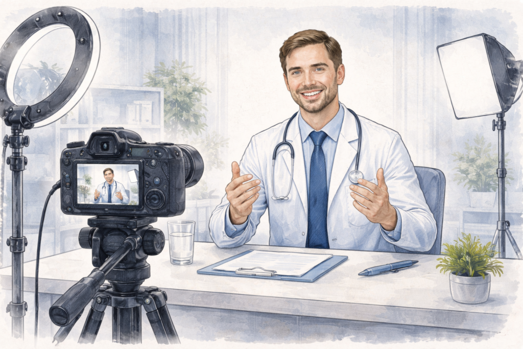 Arzt produziert Social-Media-Content in einem professionellen Studio mit Kamera und Beleuchtung, um medizinische Inhalte für Online-Marketing und Patientenaufklärung zu erstellen.