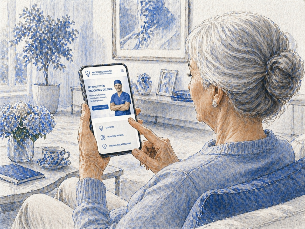 Ältere Patientin nutzt ihr Smartphone, um die Website eines hochspezialisierten Knochenchirurgen zu finden – mobile Suche, Facharzt-SEO und digitale Patientengewinnung.