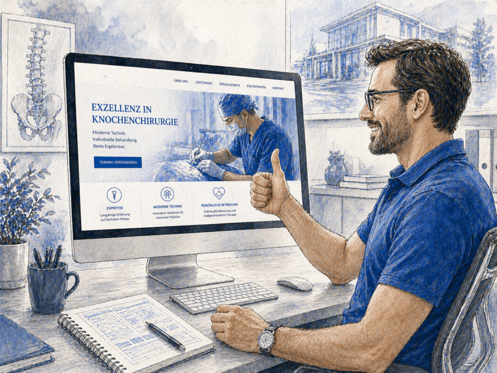 Webdesigner von WebWins begutachtet eine hochwertige Website eines Knochenchirurgen auf dem Computer – professionelles Webdesign, Conversion-Optimierung und SEO für Facharztpraxen.