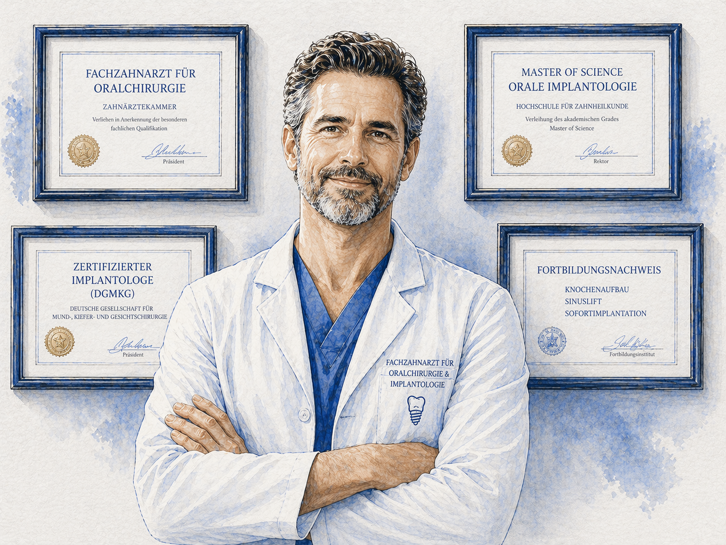 Erfahrener, 45-jähriger Facharzt lächelt selbstbewusst in seiner Praxis – medizinischer Spezialist mit hoher Expertise, vertrauensvolle Behandlung und professionelle Gesundheitsversorgung.