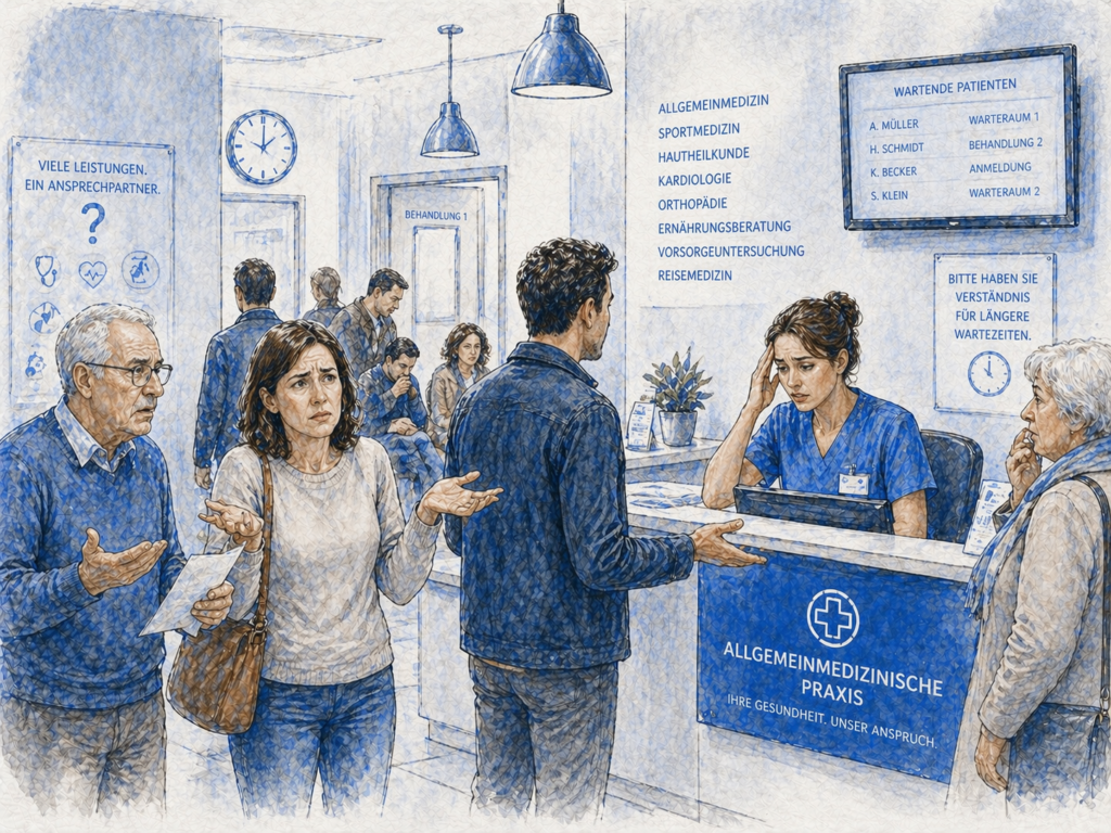 Allgemeine Arztpraxis mit überforderter Rezeption und verwirrten Patienten im Wartebereich – ineffiziente Praxisorganisation, schlechte Patientenkommunikation und Optimierungsbedarf im Praxismanagement.