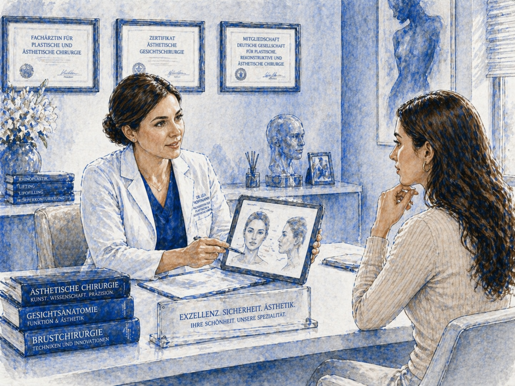 Plastische Chirurgin führt Beratungsgespräch mit Patientin in ihrer Praxis – spezialisierte ästhetische Medizin, individuelle Patientenbetreuung und professionelle Schönheitschirurgie.