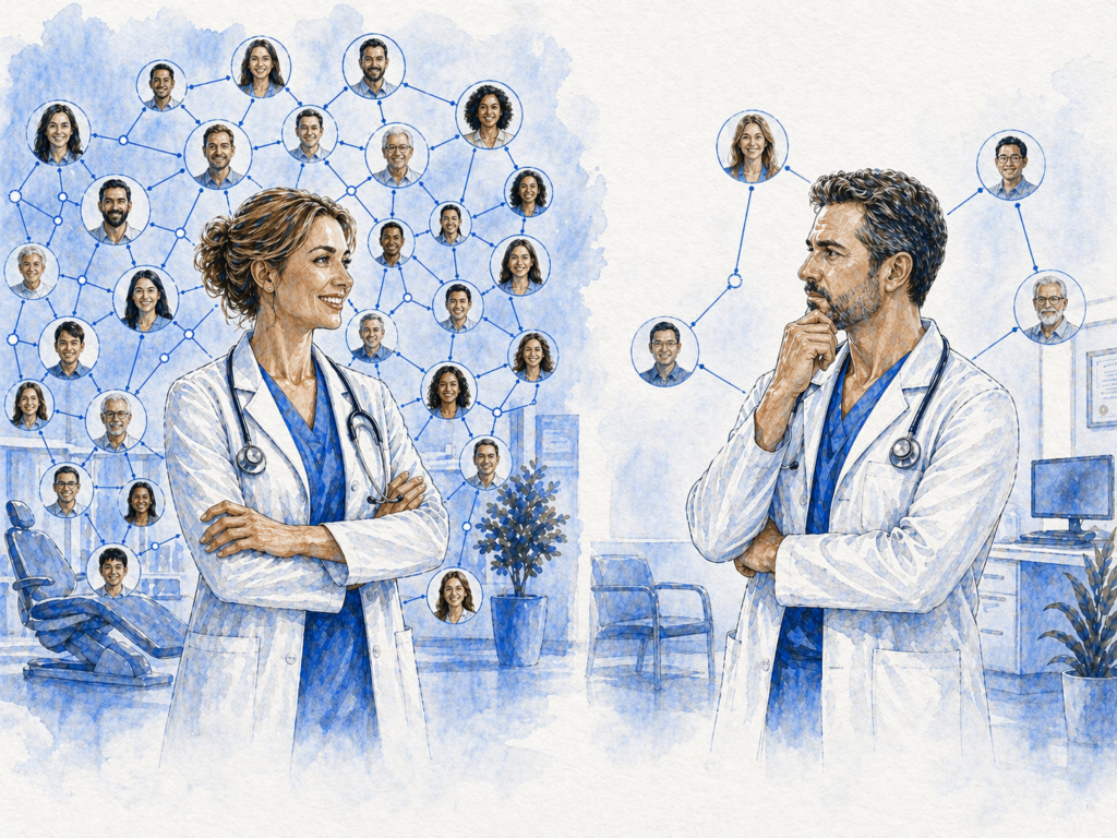 Zwei Ärzte mit visualisierten Patientennetzwerken – links ein Arzt mit vielen verbundenen Patienten, rechts ein Arzt mit wenigen – Unterschiede in digitaler Reichweite, Patientenakquise und Praxismarketing.