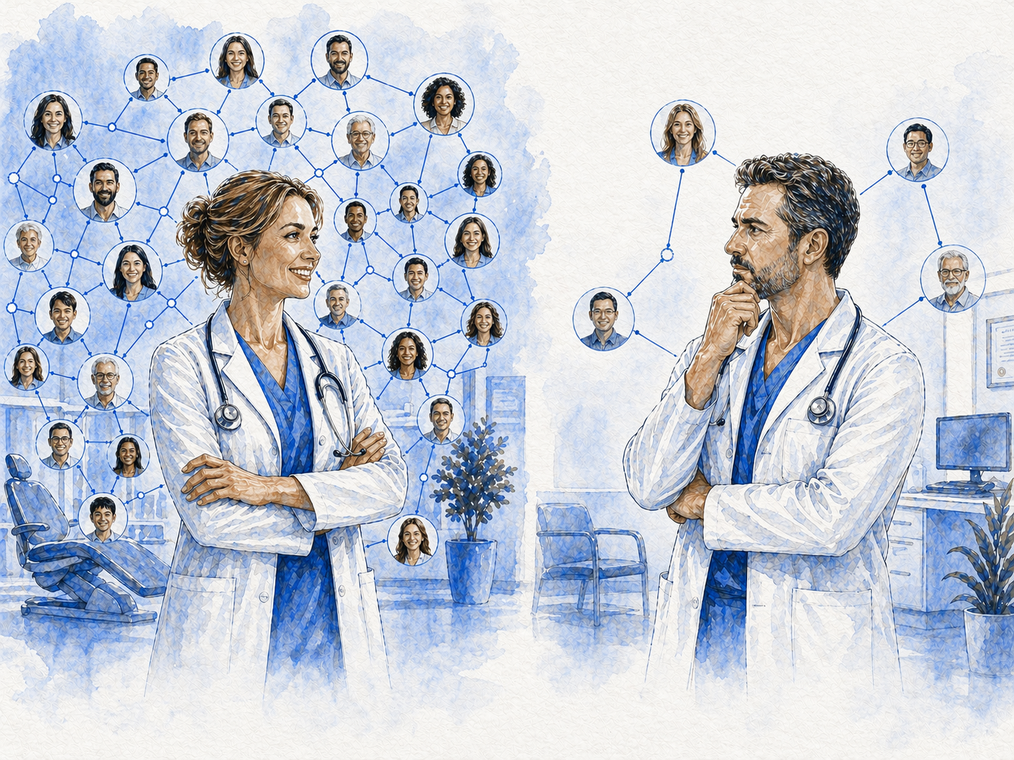 Zwei Ärzte mit visualisierten Patientennetzwerken – links ein Arzt mit vielen verbundenen Patienten, rechts ein Arzt mit wenigen – Unterschiede in digitaler Reichweite, Patientenakquise und Praxismarketing.
