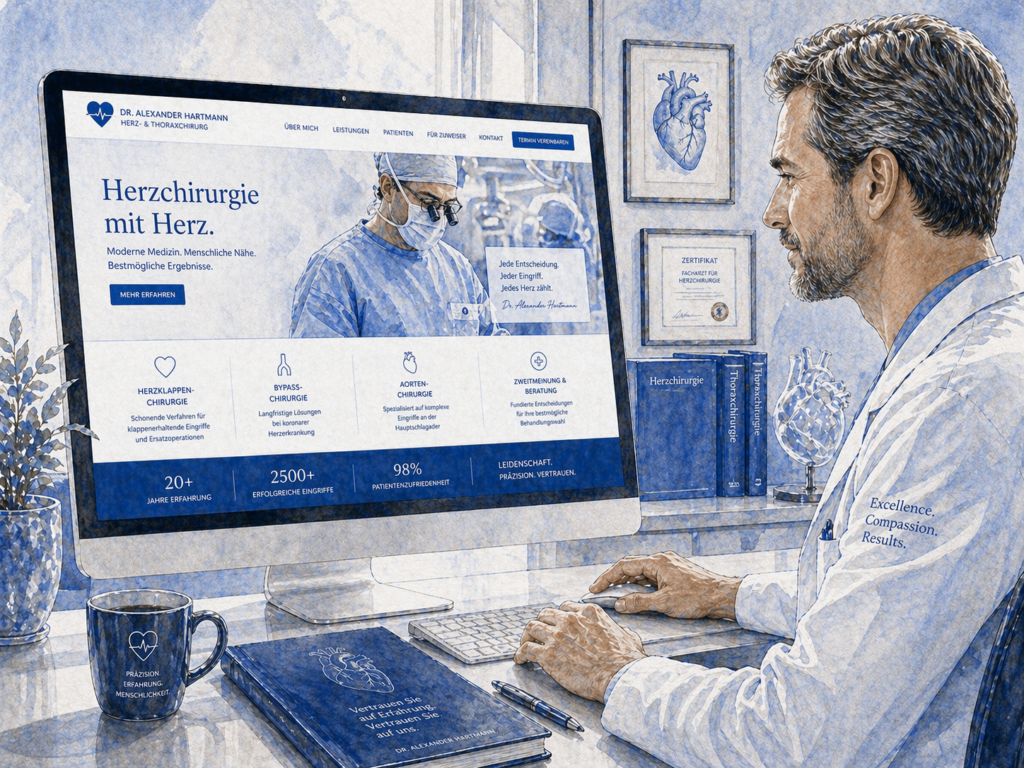 Hochwertige, professionell gestaltete Website eines Herzchirurgen mit modernem Design und klarer Struktur – medizinisches Webdesign, SEO für Fachärzte und vertrauensbildende Online-Präsenz.