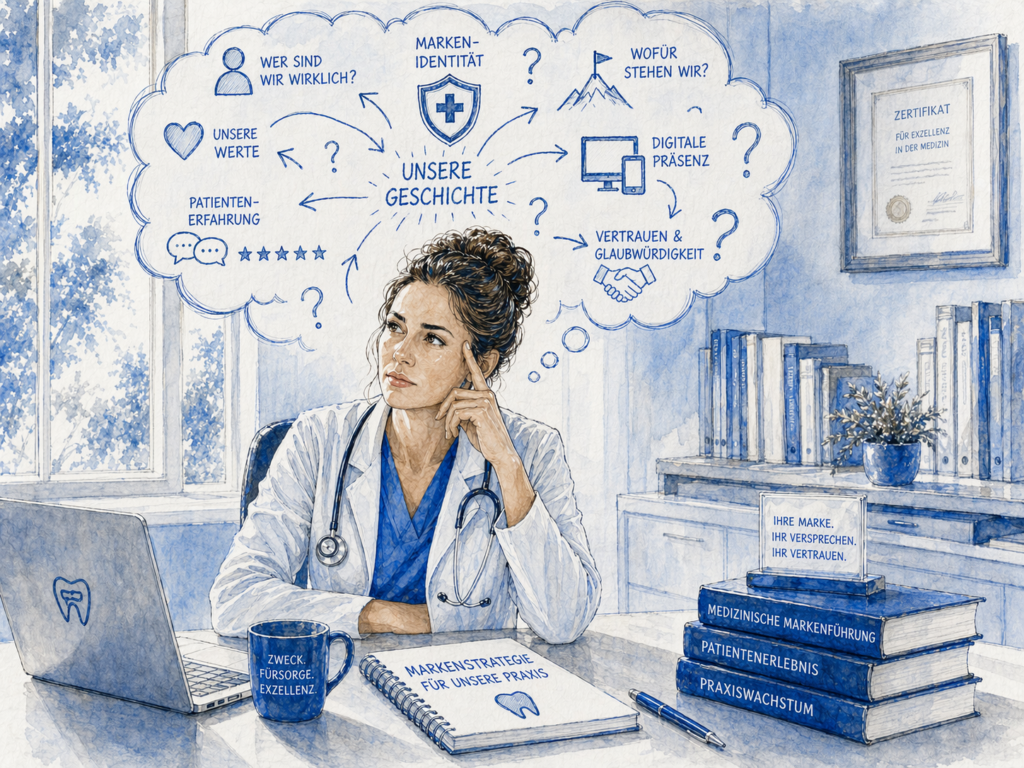 Ärztin denkt über ihre medizinische Branding-Strategie nach, während visuelle Gedanken über ihrem Kopf Unsicherheit zeigen – Praxisbranding, Marketingstrategie für Ärzte und Herausforderungen im Gesundheitsmarketing.