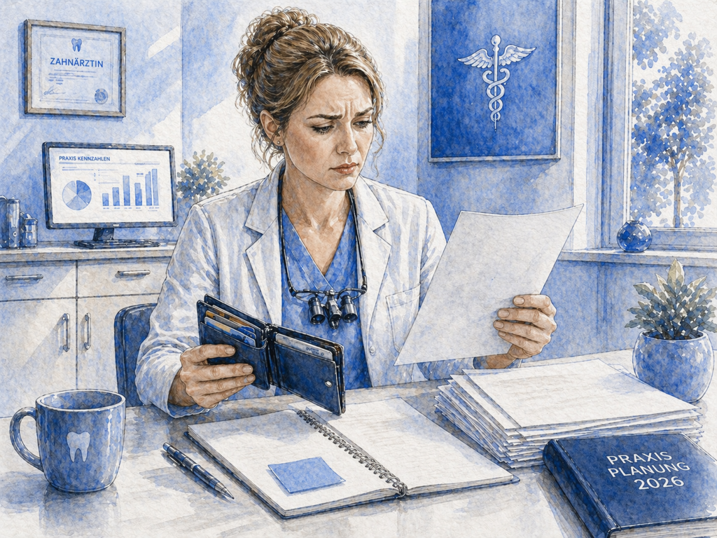 Zahnärztin hält Geldbörse, Kreditkarten, Rechnungen und offene Kosten in ihrer Praxis – Praxisfinanzen, Kostenmanagement und wirtschaftliche Herausforderungen im Zahnarztmarketing.