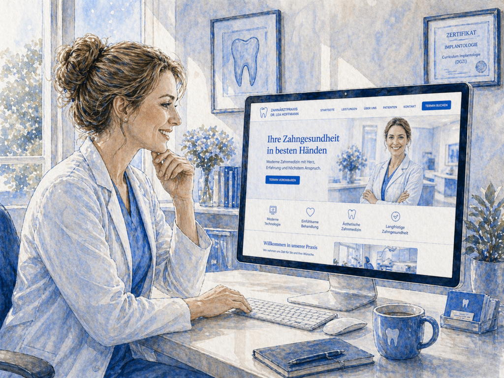 Zufriedene Zahnärztin betrachtet ihre neu erstellte, professionelle Praxis-Website am Computer – modernes Webdesign, SEO für Zahnärzte und erfolgreiche Online-Präsenz.