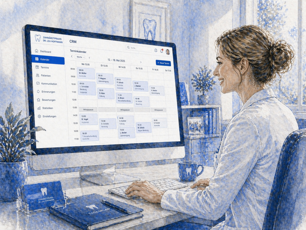 CRM-System einer Zahnarztpraxis mit vollständig ausgebuchten Terminen – effizientes Praxismanagement, Online-Terminbuchung und hohe Patientennachfrage durch digitales Marketing.