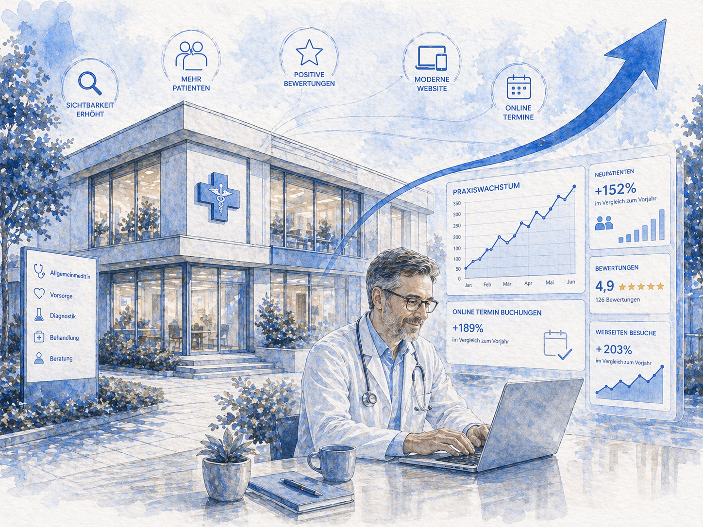 Visualisierung des digitalen Wachstums einer Arztpraxis – steigende Online-Sichtbarkeit, mehr Patientenanfragen und erfolgreiches Praxismarketing im Gesundheitswesen.