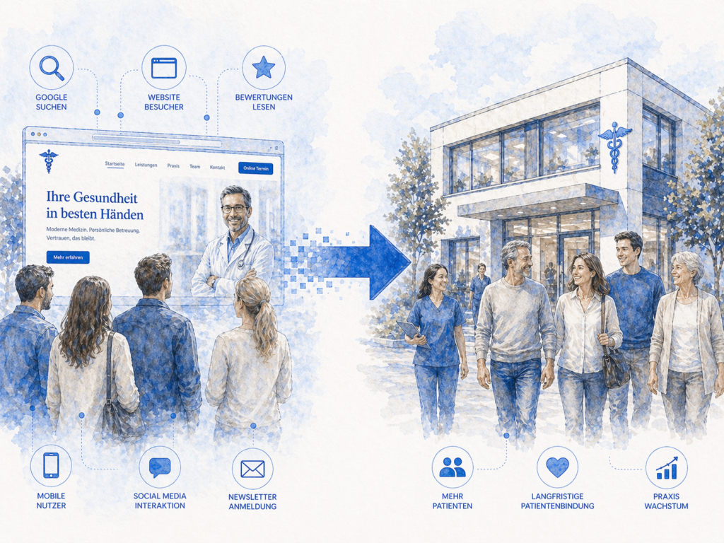 Darstellung einer Conversion: Website-Besucher links, Pfeil in der Mitte und neue Patienten rechts – Conversion-Optimierung, Leadgenerierung und digitale Patientenakquise für Arztpraxen.