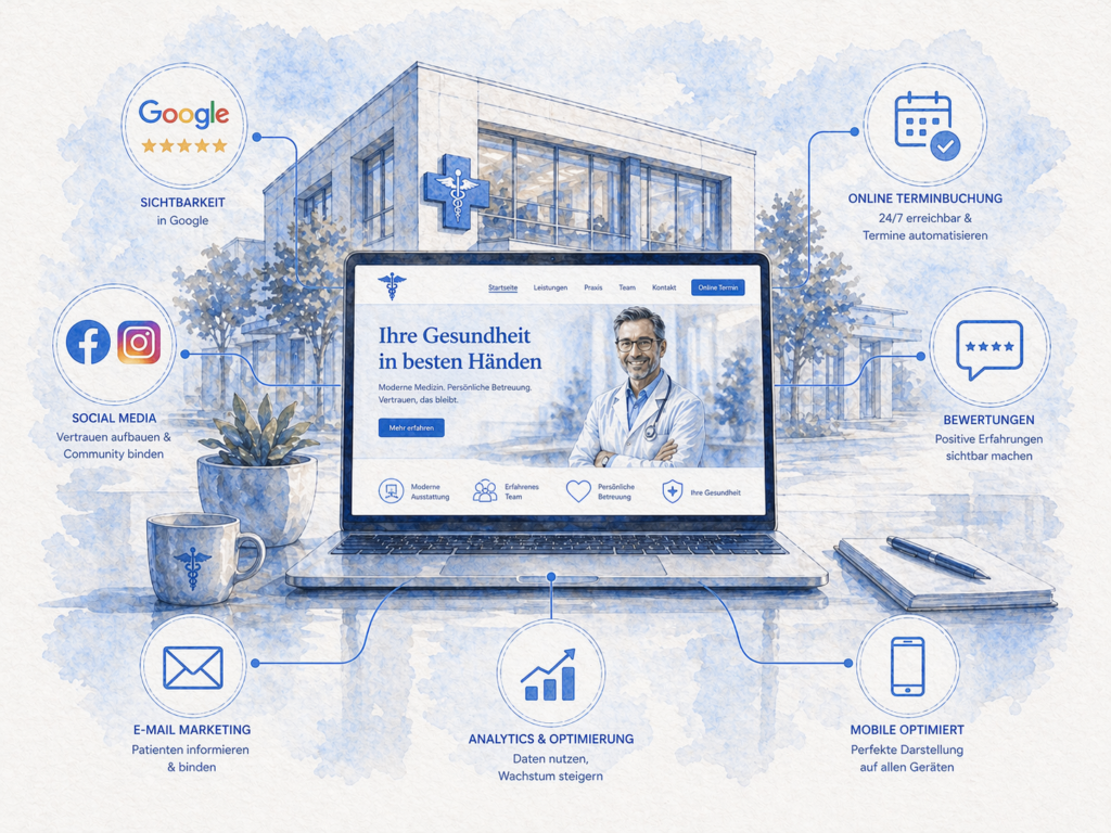 Website einer Arztpraxis als zentraler Hub der digitalen Strategie – Verbindung von SEO, Social Media und Online-Terminbuchung für nachhaltiges Praxismarketing.