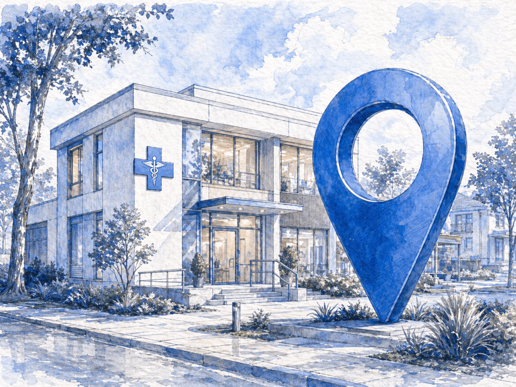 Großer Standort-Pin neben einem Gebäude einer Arztpraxis – lokale SEO, Google Maps Präsenz und bessere Auffindbarkeit von medizinischen Dienstleistungen.