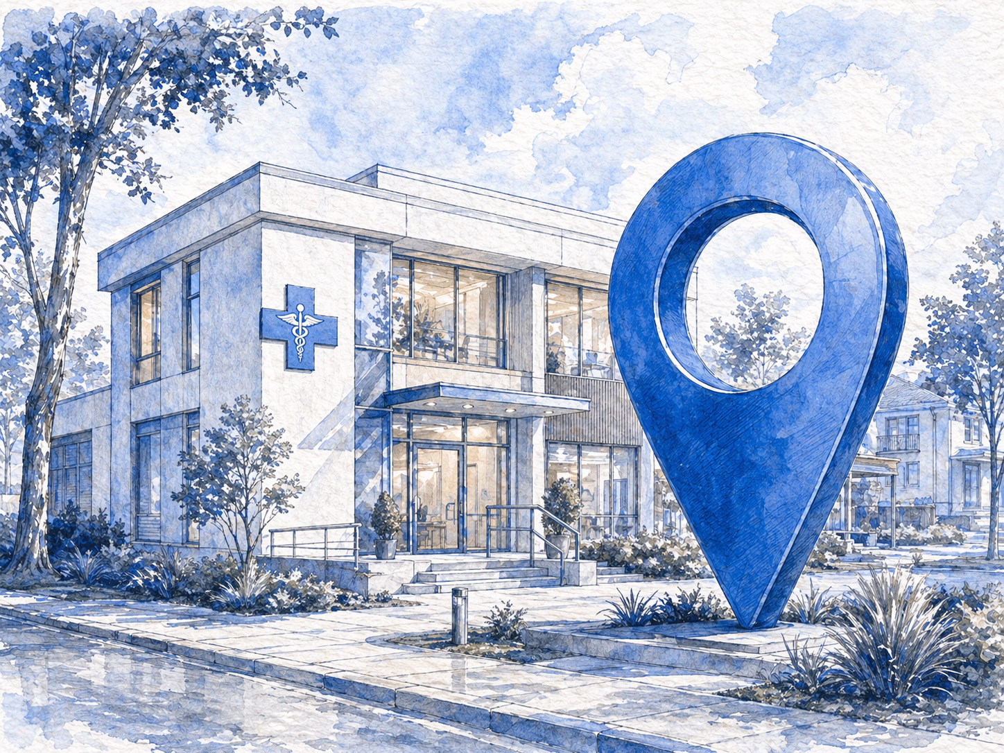 Großer Standort-Pin neben einem Gebäude einer Arztpraxis – lokale SEO, Google Maps Präsenz und bessere Auffindbarkeit von medizinischen Dienstleistungen.