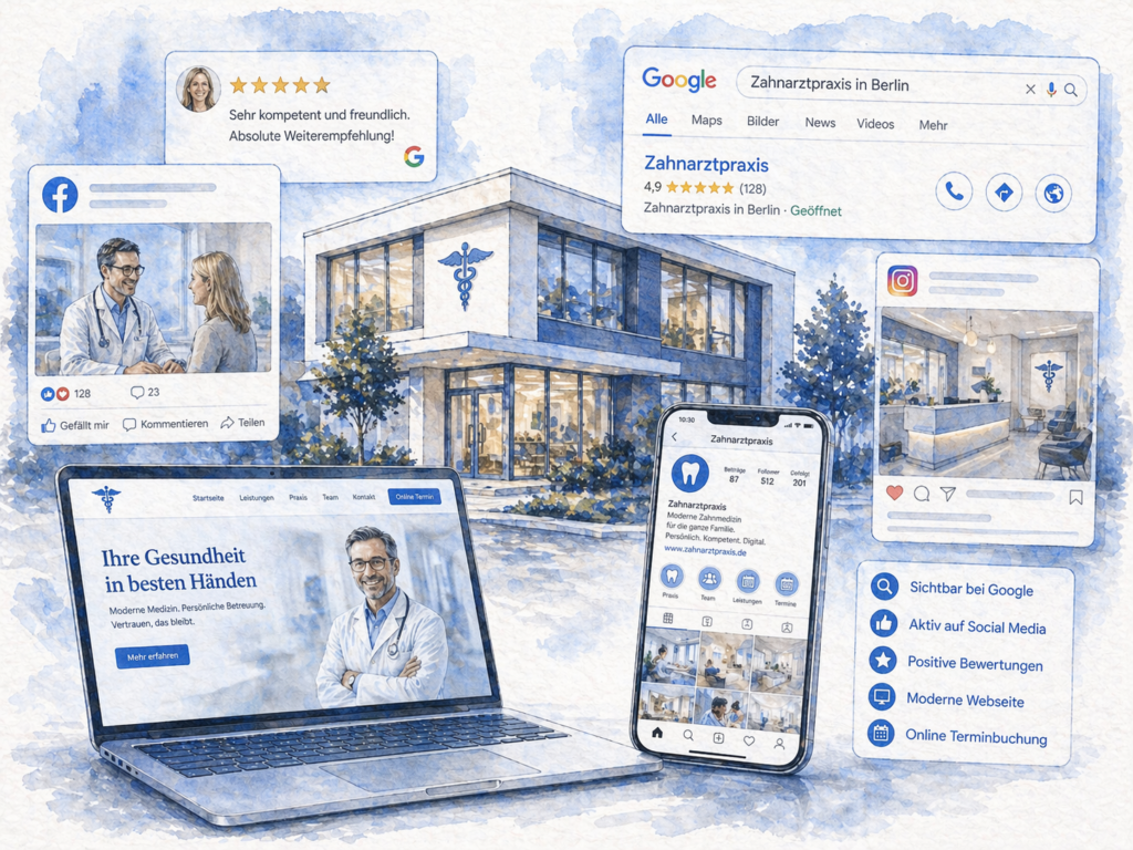 Digitale Darstellung einer Arztpraxis mit Website, Social-Media-Profilen, Patientenbewertungen und Google-Suchergebnissen – Online-Reputation, Praxis-Marketing und Sichtbarkeit im Gesundheitswesen.
