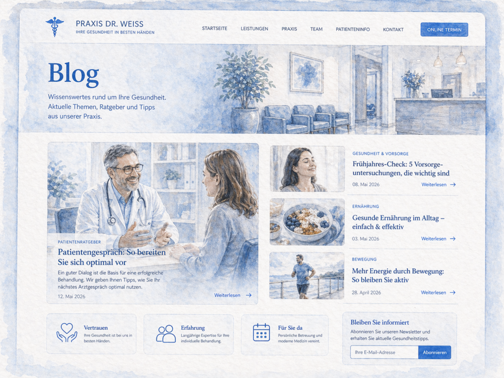 Blogseite einer medizinischen Praxis-Website mit informativen Artikeln – Content-Marketing, SEO für Ärzte und Patientenaufklärung durch hochwertige Inhalte.
