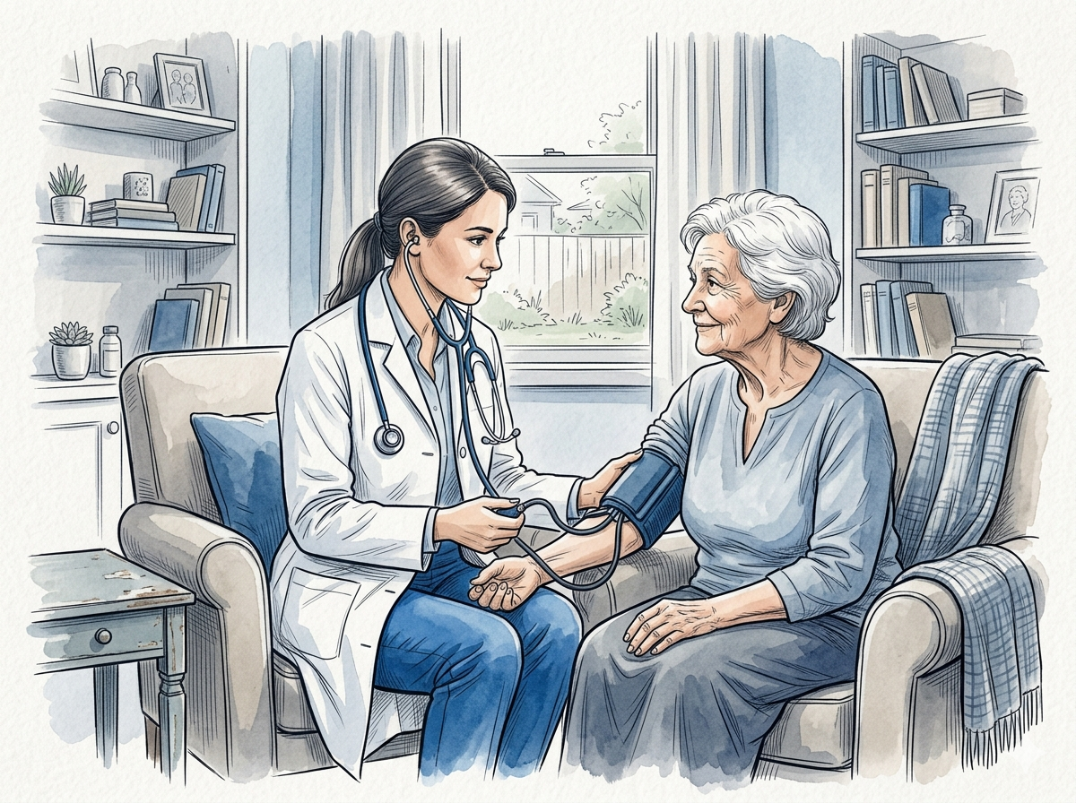 Ärztin führt eine kostenlose Gesundheitsuntersuchung bei einer älteren Frau in einem einfachen Zuhause durch – medizinische Versorgung, Hausbesuch und humanitäre Hilfe im Gesundheitswesen.