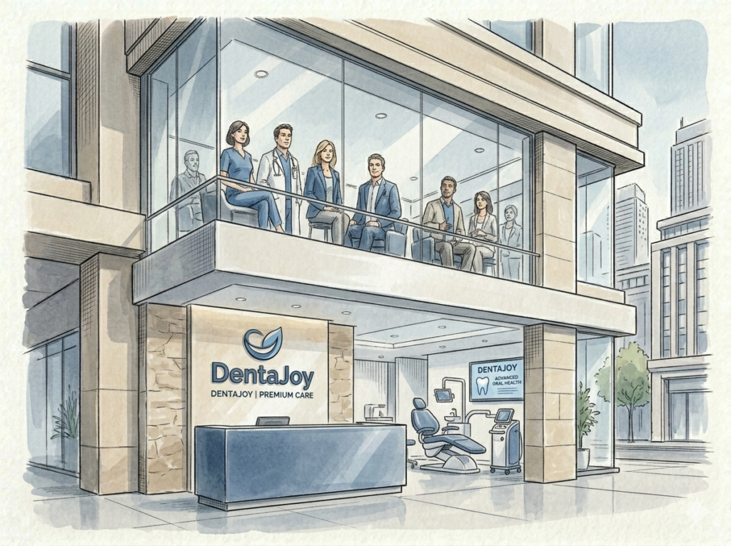 Außenansicht einer modernen Zahnarztpraxis mit prominent platziertem Logo an der Fassade.